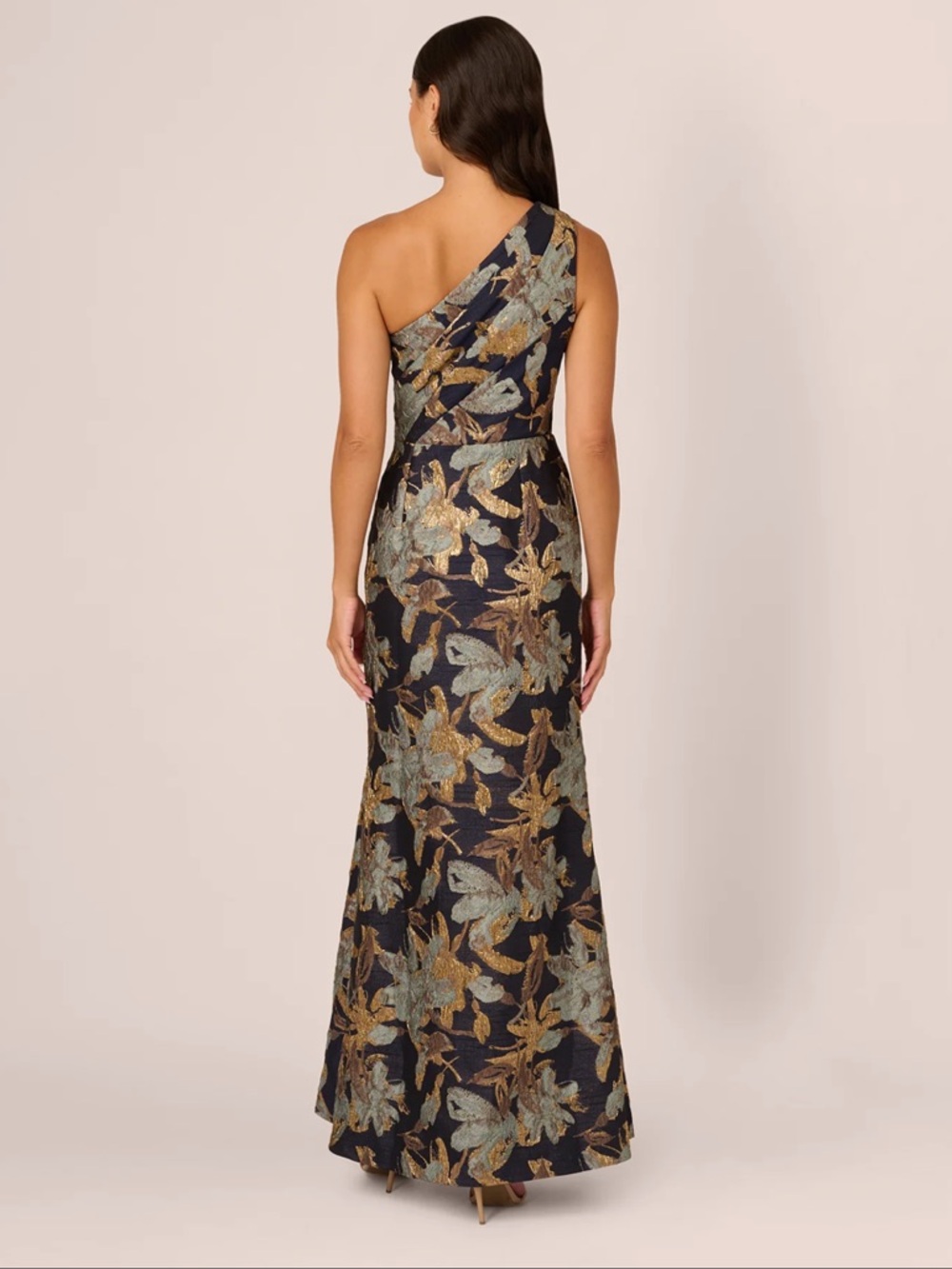 Adrianna Papell One-Shoulder Navy and Gold Floral Jacquard Gown - Picture 3 of 6
